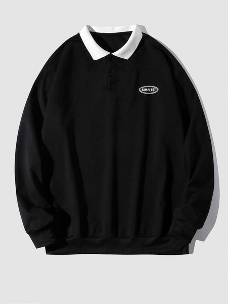 

men letter patched polo neck sweatshirt 90p5#, Black