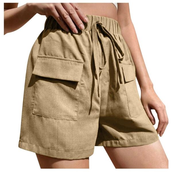 

women's shorts women 2021 soft cotton linen fashion solid breathable quick dry multi pockets drawstring wide leg, White;black