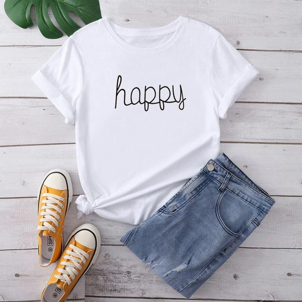 

happy printed woman tshirt summer casual tee female european style graphic t shirt women's t-shirt, White
