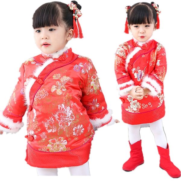 Vermelho Floral Bebê Meninas Vestido Quiltado Jaqueta Chinês Chinês Tradicional Qipao Vestidos Crianças Cheongsam Menina Casaco Outerwear Tops 210413