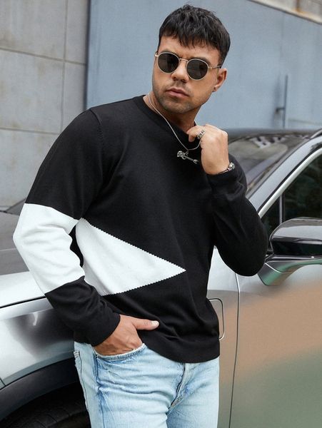 

extended sizes men contrast panel sweater 76kx#, White;black
