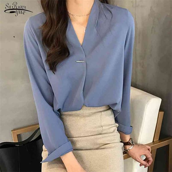 

plus size women chiffon blouse casual long sleeve shirt elegant shirts fashion s and blouses 1681 210421, White