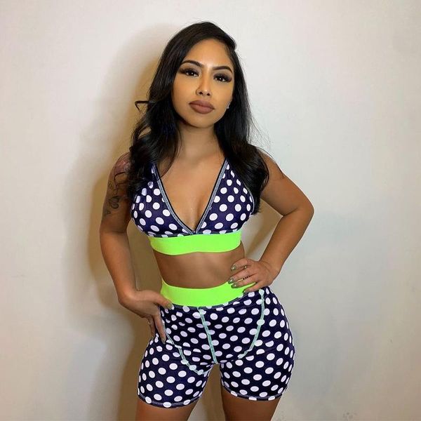 

women's tracksuits lygens polka dot bikini crop shorts 2 piece set 2021 summer fall sleeveless patchwork swim wear girls sports clo, Gray