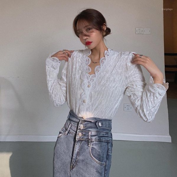 

spring 2021 slim fit lace up hollow out patchwork women's shirt basic solid bottoming outgoing female blouses & shirts, White