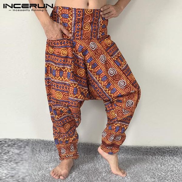 

men drop crotch pants printed high waist baggy trousers joggers ethnic style streetwear harem plus size 5xl men's, Black