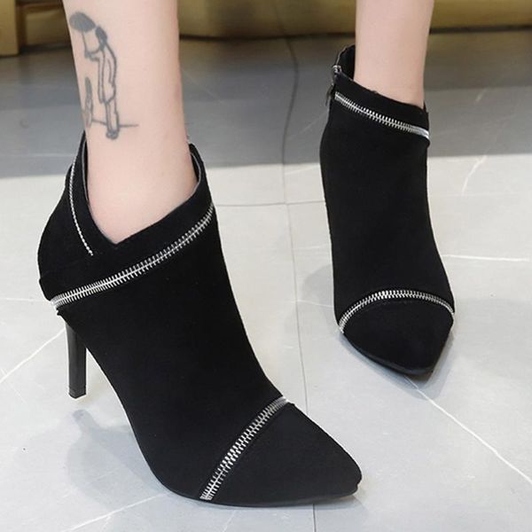 

boots zipper flock ankle for women pointed toe thin heel short female casual tube shoes woman chaussures femme, Black