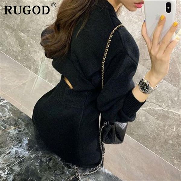 

casual dresses rugod elegant ins tunic women sweater dress korean backless solid twisted knitted auturm vestidos 2021 mini, Black;gray