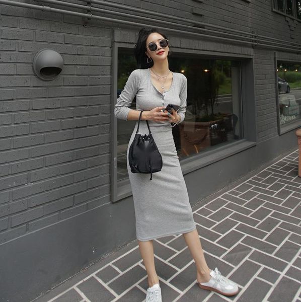 

casual dresses womengaga autumn winter 2021 korean women high waist skinny hip round neck slim long maxi dress knitted sweater fashion 3l8v, Black;gray