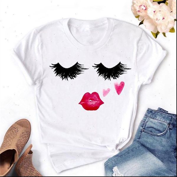 

princess makeup art pink women t shirts lip print vogue shirt kawaii streetwear summer woman clothes, White