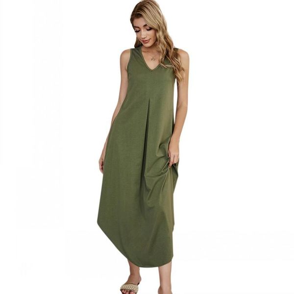 

tank long dresses for women sleeveless v neck loose green color summer fashion irregular casual homewear dress vestido 2021, Black;gray