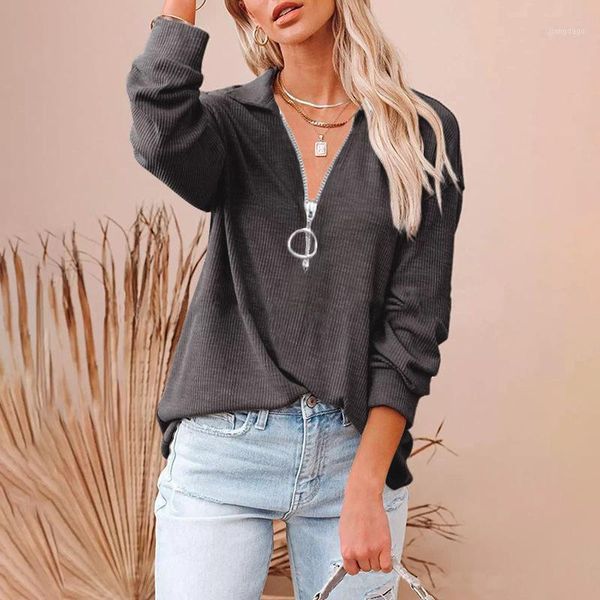

women's blouses & shirts spring solid loose pullover sweatshirt autumn long sleeve streetwear shirt women fashion zipper turn-down col, White