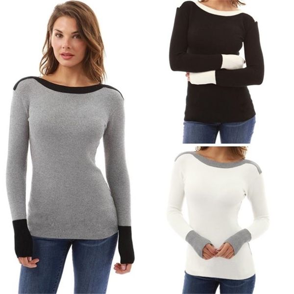 

women casual long sleeve color collision knitting sweater blouse winter ladies o-neck slim s 211011, White;black