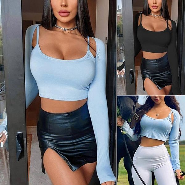 

women's t-shirt women sling long sleeve 2-piece set solid color slim, White