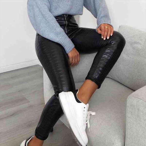 

winter pants leather leggings casual pu warm female pencil trousers slim fit autumn high waist leather pants, Black;white