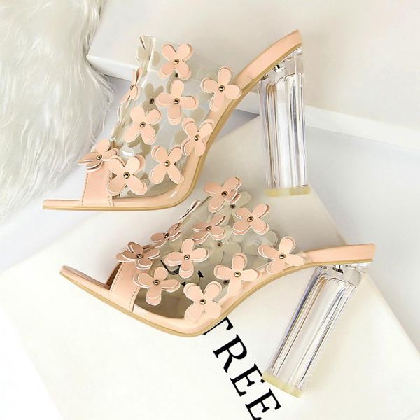 

slippers 2021 summer women white pink transparent block high heels slides open toe flower crystal plus size designer jelly shoes, Black