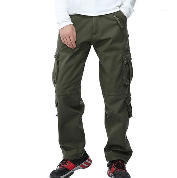 

men's pants mens casual cargo winter thick brushed loose fleeces pocket baggy trousers men overall straight bottoms plus size, Black