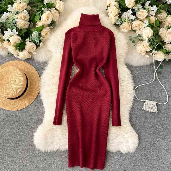 Vestido de malha Mulheres Outono e Inverno Moda Quente Turtleneck Slim Manga Comprida Elasticidade Comprimento do Joelho Bodycon Basic 210603