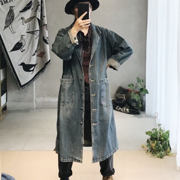

women's trench coats vintage loose fit denim long only breasted large pocket trench coat outwear jacket a size cowboy jeans jackets 89r, Tan;black