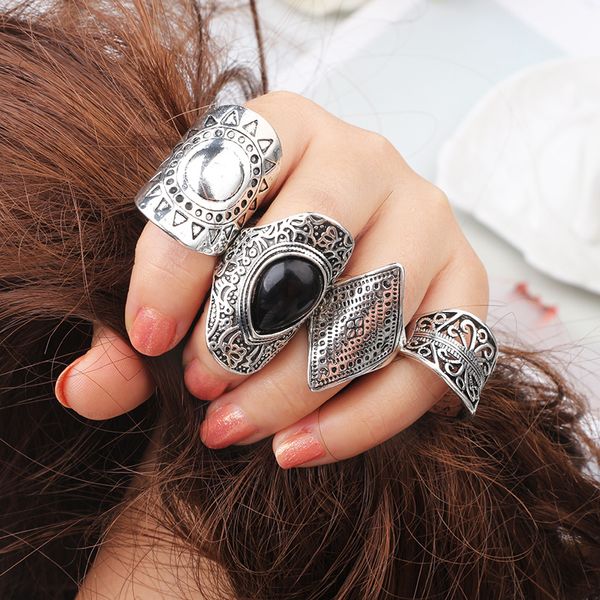 4 pçs / set vintage turkish praia punk resina beads anel conjunto étnico esculpido prata prata BOHO MIDI dedo anéis de junta anelli anelli