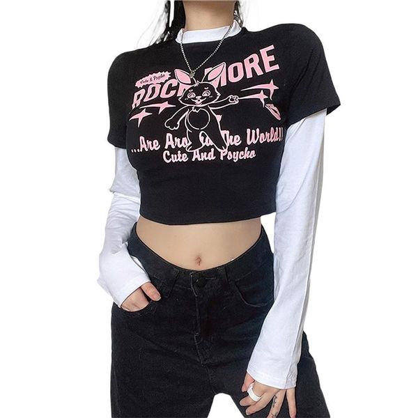 

women's t-shirt women fake 2-piece crop long sleeve crew neck cartoon casual daily, White