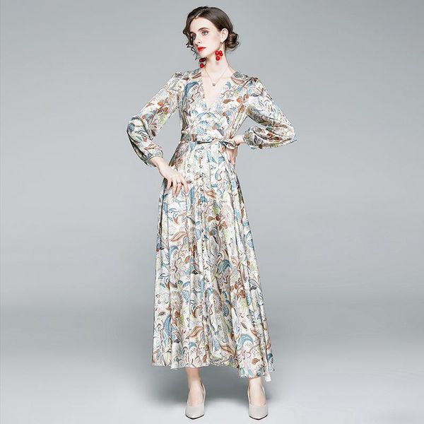 

casual dresses apricot big swing fashion women floral printed maxi party dress autumn elegant female long sleeve holiday vestidos, Black;gray