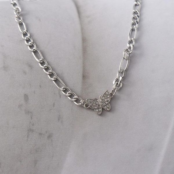 

chokers origin summer textured butterfly rhinestone pendant necklace for women silver color asymmetric chunky chain jewelry, Golden;silver