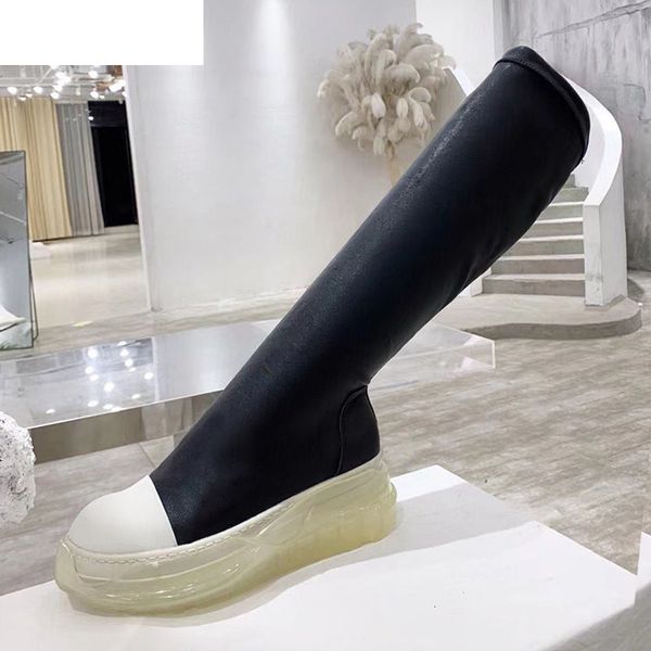 

boots transparent crystal thick sole stretch knee high women flat platform patchwork elastic slim long booties runway shoes dkwe, Black