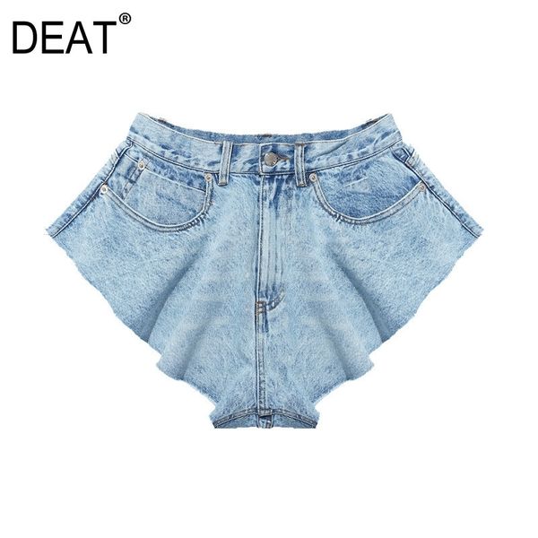 

women blue denim ruffles cut style wide leg shorts high waist loose fit trousers fashion spring summer 1s770 210421, White;black