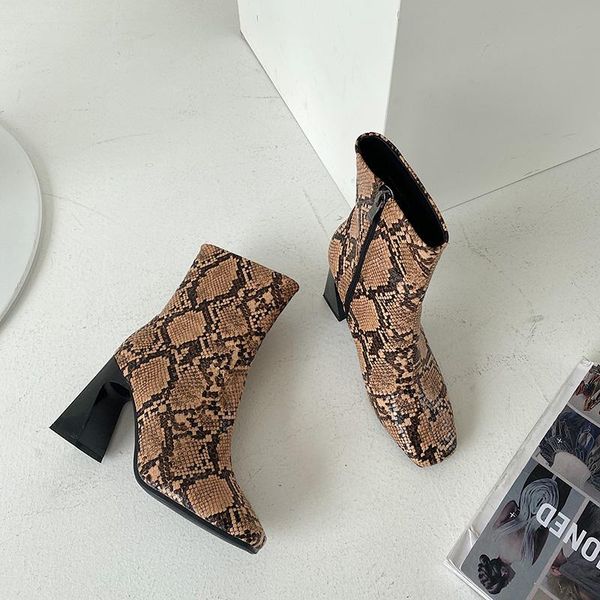 

boots dxfan brand design snake print stange high heel women square toe elegant ankle botas mujer short plush warm winter shoes, Black