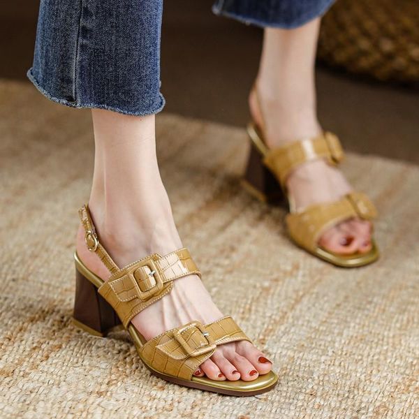 

british style vintage slingback sandals summer open toe crocodile pattern patent leather belt buckle high heels female shoes dress, Black