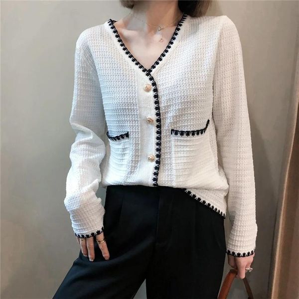 

women's knits & tees korean style v-neck knitwear women spring summer thin elegant pocket button sweater cardigan big size vintage knit, White