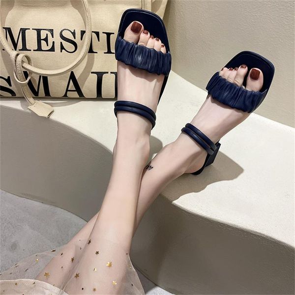 

slippers summer women sandals dual-purpose ruffles square heels shoes ladies toe flip flops slip on, Black