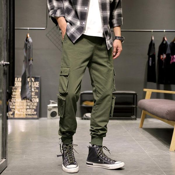 

men's pants harajuku men japan style skinny cargo trousers fall spring drawstring fashion clothing plus size, Black