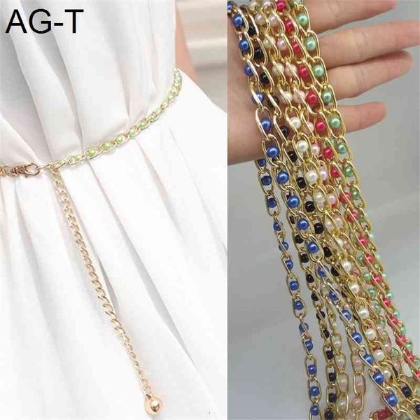 

spring and summer skirt metal chain pearl joker slender waist chain, Black;brown