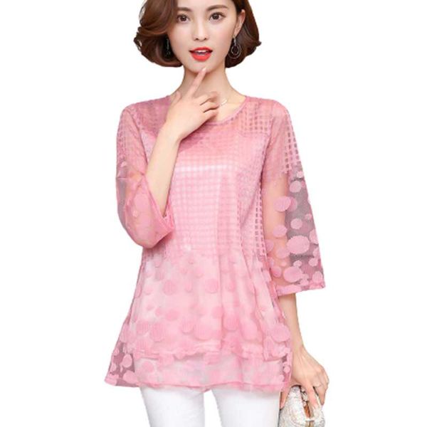

women's blouses & shirts elegant korean netting lace women summer o-neck transparent quarter sleeves white shirt street plus-size black