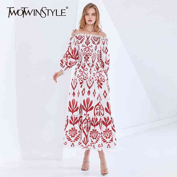 

twotwinstyle print red dress for female slash neck long sleeve high waist maxi elegant dresses female fashion new clothes spring 210428, Black;gray
