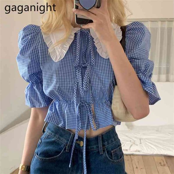 

summer blouse shirt women vintage plaid cropped streetwear ladies lace up crop elegant button 210601, White