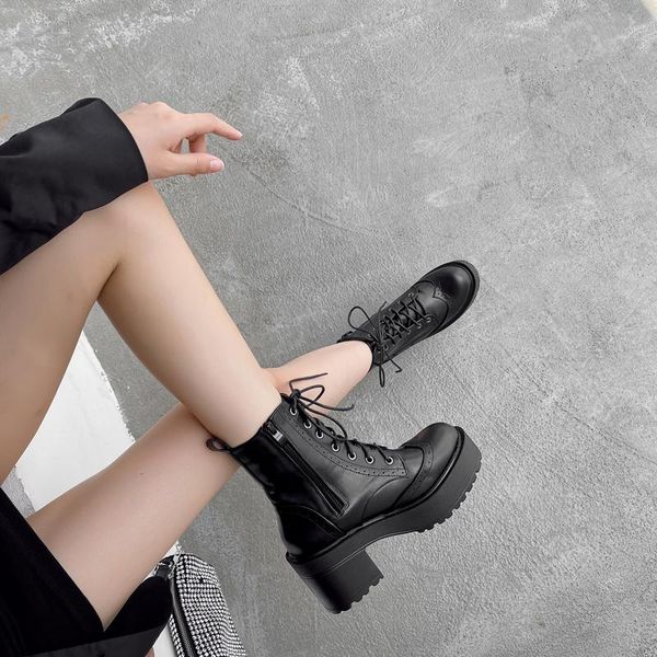 

boots winter autumn women patent leather lace up ankle high heels elastic band chunky platform heel party snow shoes ymb315, Black