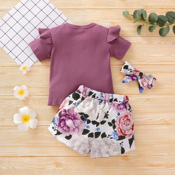 

toddler baby girls clothes sets ruffles soild color cotton soft casual +floral printed shorts+headbands outfits 6m-4t clothing, White