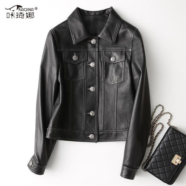 

women's leather & faux real sheepskin coat genuine jacket women clothes 2021 autumn winter vintage short jackets jaqueta de couro 28011, Black