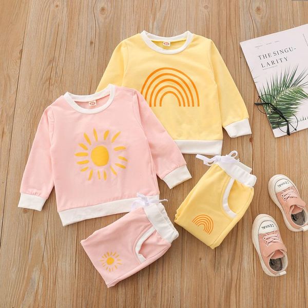 

clothing sets 2pcs spring kids girls outfit sun/rainbow print round collat long sleeves pullover tied trousers children's, White