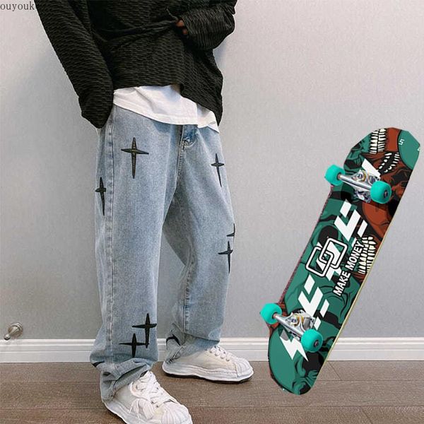 

men's jeans fashion high street cross star applique embroidery wide pants hip hop skateboard men, Blue
