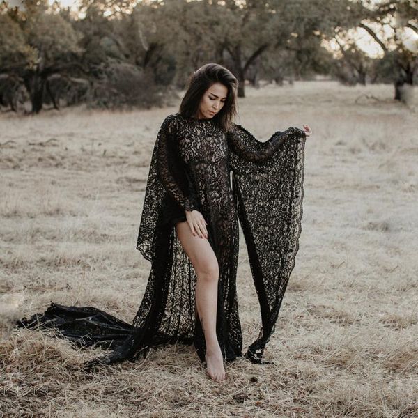 

black lace maternity dresses for po shoot fancy pregnancy dress pography prop split side pregnant women maxi gown, White