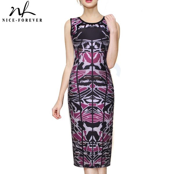 

nice-forever summer women coloful printed round neck casual dresses bodycon slim female dress 900 210419, White