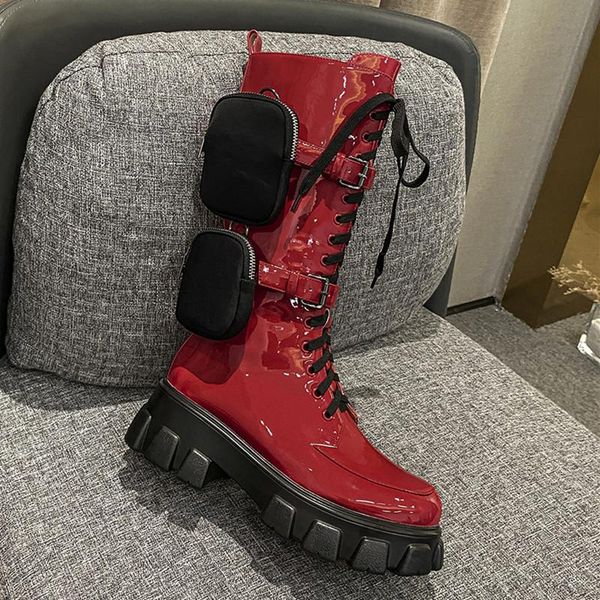 

boots high platform buckle pockets women cross tied flat with patent leather shoes round toe zipper mid calf, Black