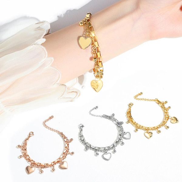 

link, chain women bracelet femme stainless steel love letter heart double layer luxury rose gold girls jewelry gift sweet student, Black