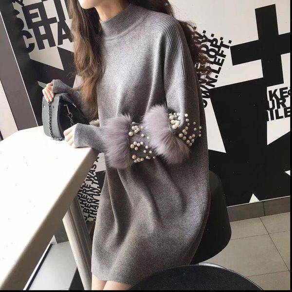

chic turtleneck beading pullover womens sweater pearls loose knitted dress striped faux rabbit fur long sleeved ol, White;black