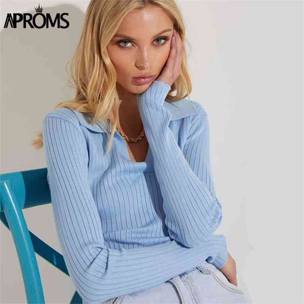 

aproms vintage turn-down collar knitted t-shirt women long sleeve soft bodycon tshirt autumn winter solid pullovers female 210401, White