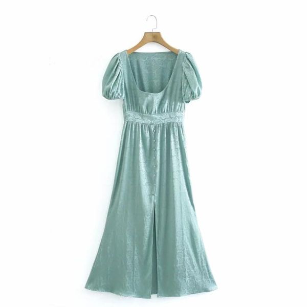

casual dresses summer women floral jacquard midi split dress female puff sleeve clothes lady loose vestido d7722, Black;gray