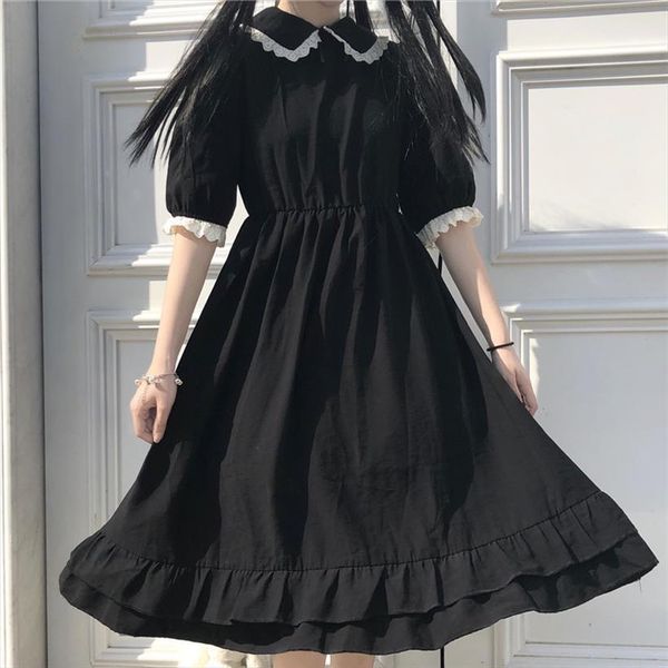 

japanese college style summer womens dresses sweet peter pan collar kawaii lace ruffles short sleeve mori girl black woman, Black;gray